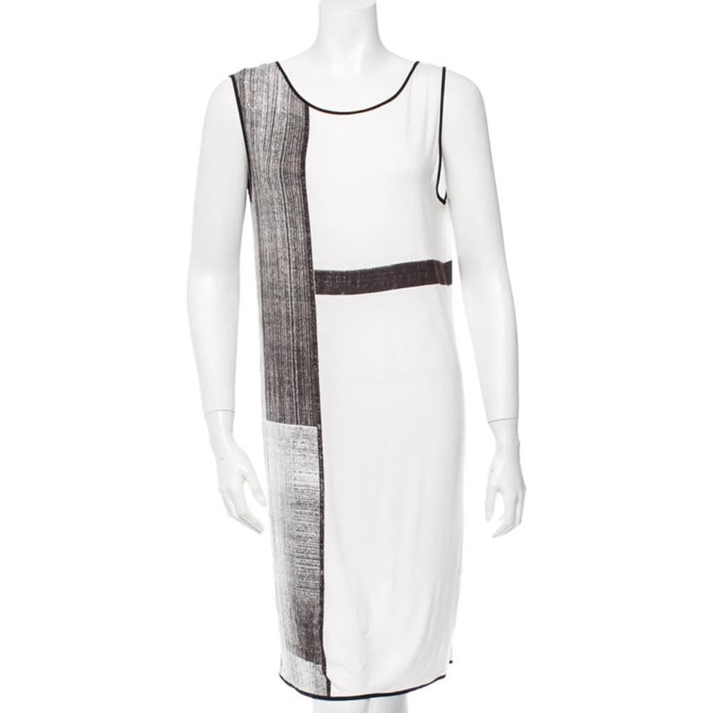 Helmut Lang White & Black Sleeveless Graphic Print 100% Silk Dress - Size 2 (XS)